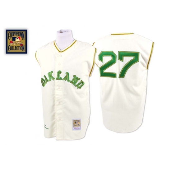 Men's Mitchell and Ness 1968 Oakland Athletics #27 Catfish Hunter Authentic Cream Throwback MLB Jersey - Ujersey