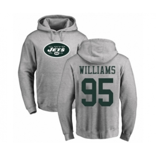 Football New York Jets #95 Quinnen Williams Ash Name & Number Logo Pullover Hoodie - Ujersey