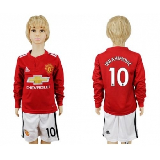 Manchester United #10 Ibrahimovic Home Long Sleeves Kid Soccer Club Jersey