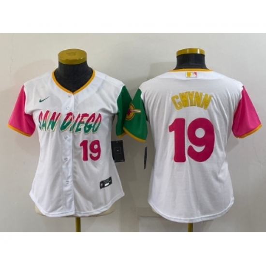 Women's San Diego Padres #19 Tony Gwynn Number White 2022 City Connect Cool Base Stitched Jersey - Ujersey