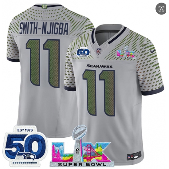 Men's Seattle Seahawks #11 Jaxon Smith-Njigba Gray 2025 F.U.S.E. Super Bowl LX And 50th Season “Rivalries” Vapor Limited Football Stitched Jersey - Ujersey