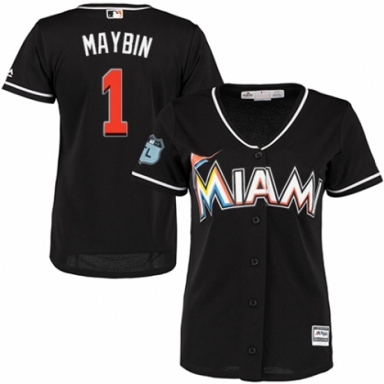 Women's Majestic Miami Marlins #1 Cameron Maybin Authentic Black Alternate 2 Cool Base MLB Jersey - Ujersey