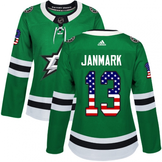 Women's Adidas Dallas Stars #13 Mattias Janmark Authentic Green USA Flag Fashion NHL Jersey - Ujersey