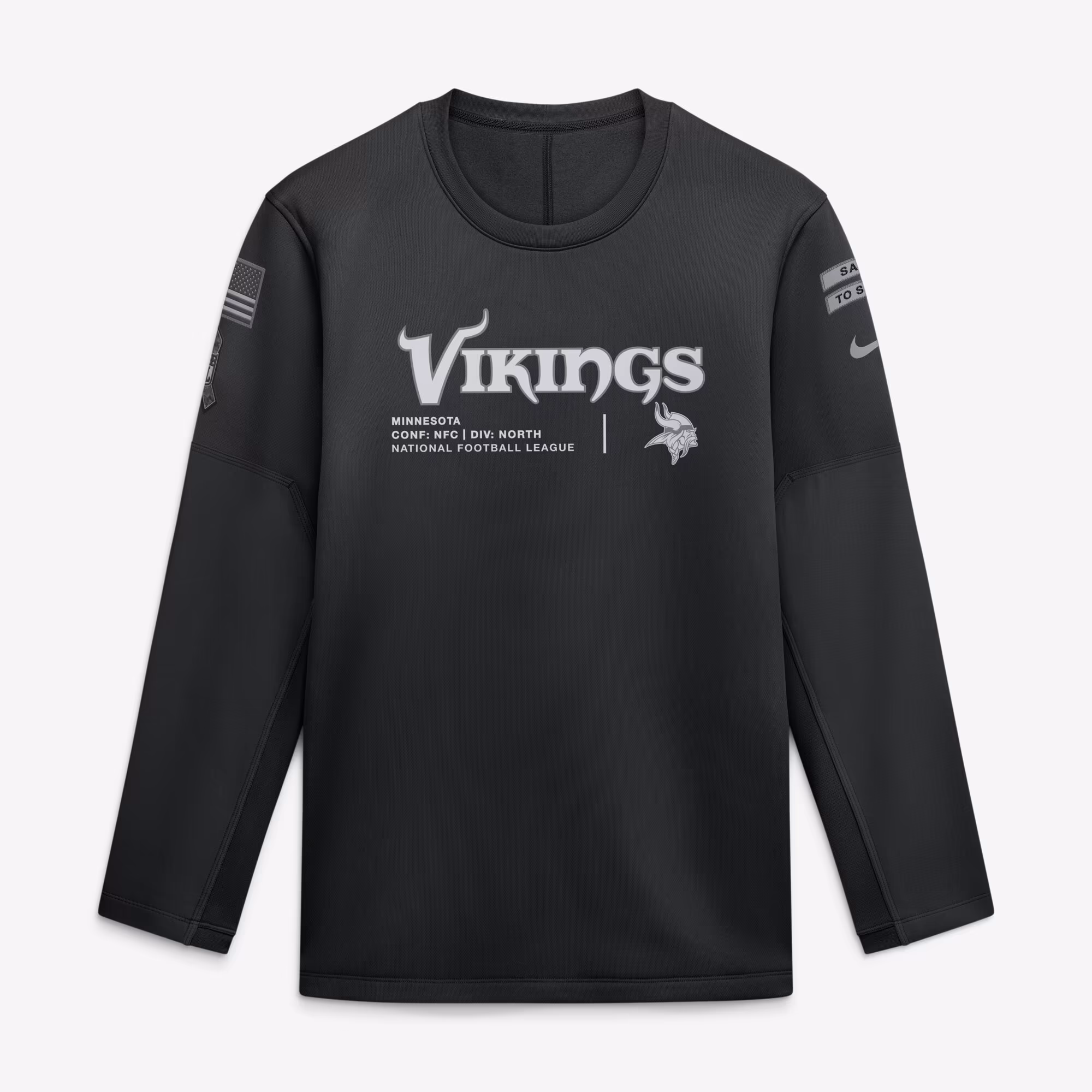Men's Minnesota Vikings  Nike Black 2026 Salute to Service Sideline Coaches Crewneck Therma-FIT Sweatshirt - Ujersey