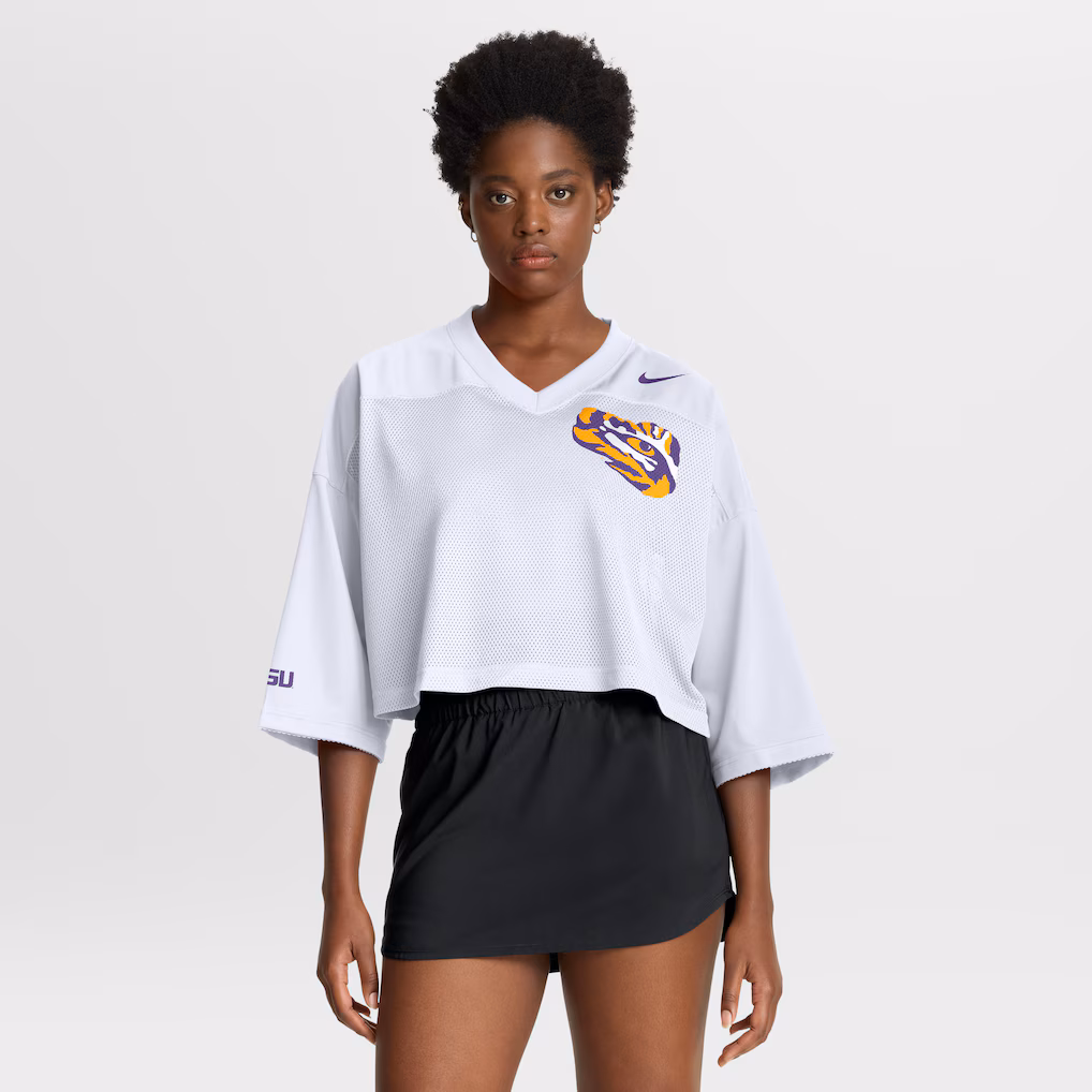 Women's Nike White LSU Tigers Cropped Mesh Dri-FIT Fashion Jersey - SUjersey01