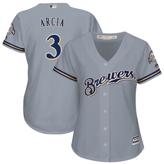 Women's Majestic Milwaukee Brewers #3 Orlando Arcia Authentic Grey Road Cool Base MLB Jersey - Ujersey