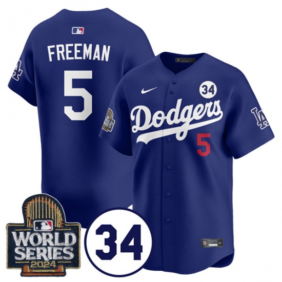 Men's Los Angeles Dodgers #5 Freddie Freeman Royal 2024 World Series With No. 34 Cool Base Stitched Baseball Jersey - Ujersey