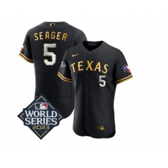 Men's Texas Rangers #5 Corey Seager Black Gold 2023 World Series Flex Base Stitched Baseball Jersey - Ujersey