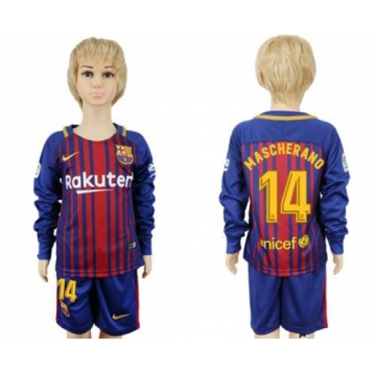 Barcelona #14 Mascherano Home Long Sleeves Kid Soccer Club Jersey