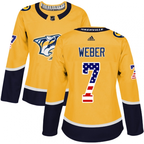 Women's Adidas Nashville Predators #7 Yannick Weber Authentic Gold USA Flag Fashion NHL Jersey - Ujersey