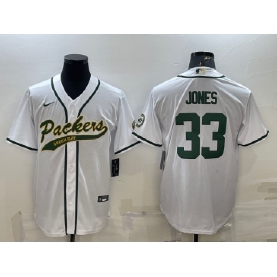 Men's Green Bay Packers #33 Aaron Jones White With Patch Cool Base Stitched Baseball Jersey - Ujersey