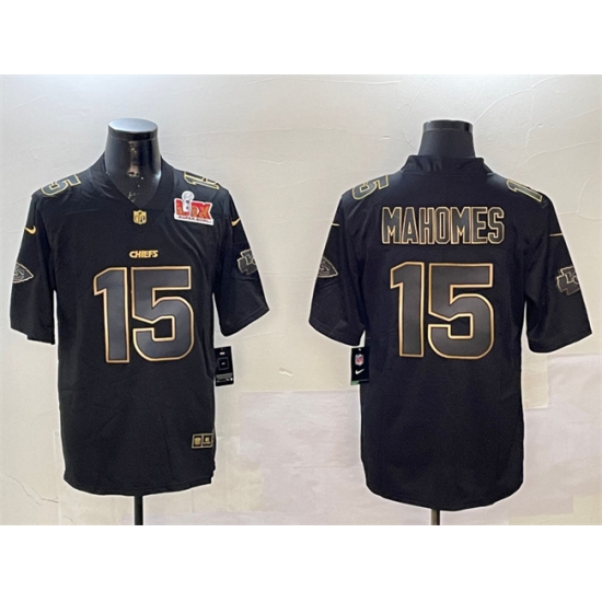 Men's Kansas City Chiefs #15 Patrick Mahomes Black Gold 2025 Super Bowl LIX Vapor Limited Stitched Football Jersey - Ujersey