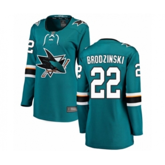 Women's San Jose Sharks #22 Jonny Brodzinski Fanatics Branded Teal Green Home Breakaway Hockey Jersey - Ujersey