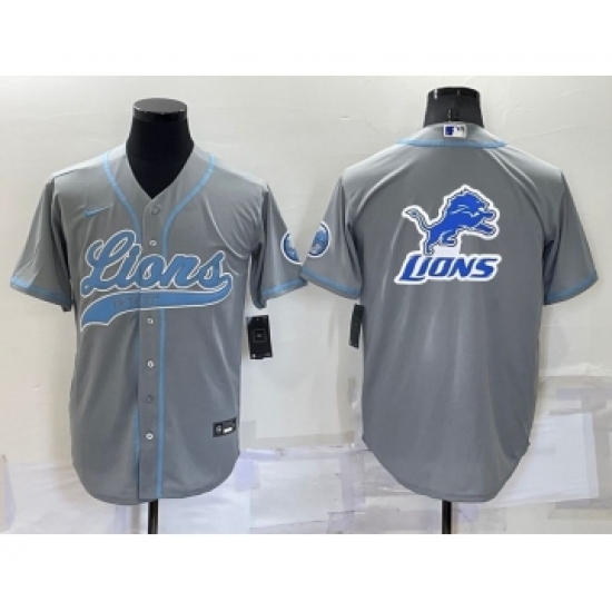 Men's Detroit Lions Grey Team Big Logo With Patch Cool Base Stitched Baseball Jersey - Ujersey