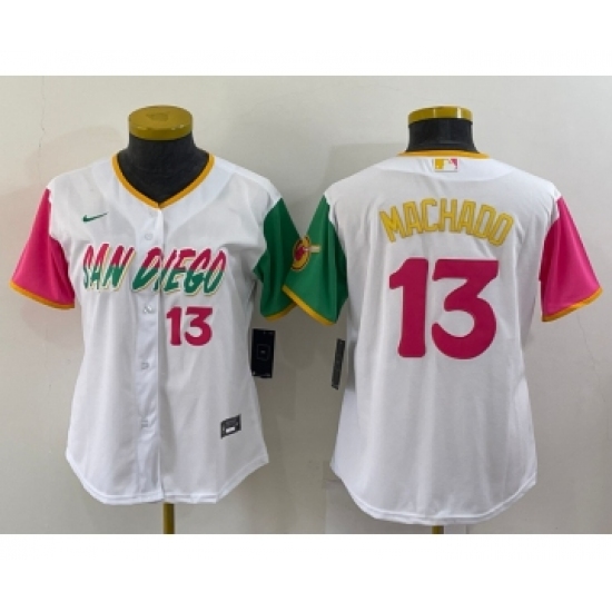 Women's San Diego Padres #13 Manny Machado White Number 2022 City Connect Cool Base Stitched Jersey - Ujersey