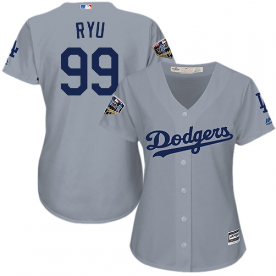 Women's Majestic Los Angeles Dodgers #99 Hyun-Jin Ryu Authentic Grey Road Cool Base 2018 World Series MLB Jersey - Ujersey