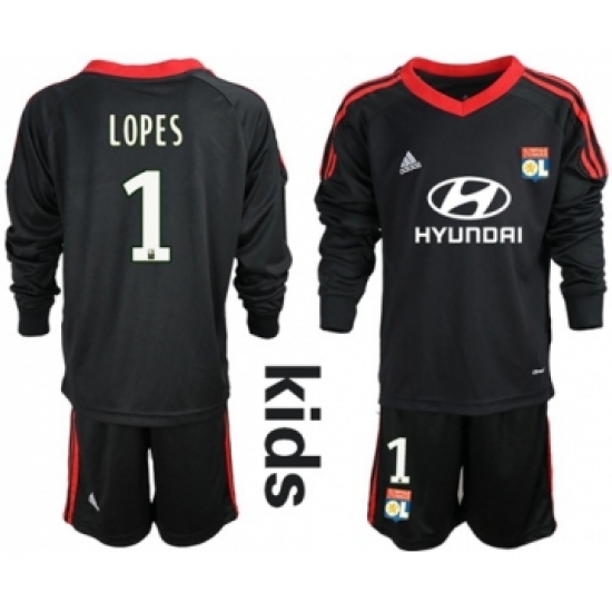 Lyon #1 Lopes Black Goalkeeper Long Sleeves Kid Soccer Club Jersey