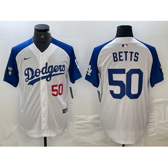 Men's Los Angeles Dodgers #50 Mookie Betts Number White Blue Fashion Stitched Cool Base Limited Jerseys - Ujersey