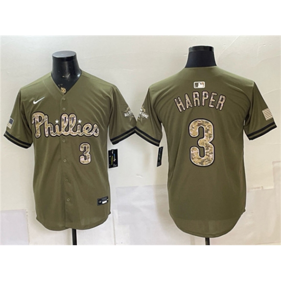 Men's Philadelphia Phillies #3 Bryce Harper Olive 2026 Armed Forces Day Stitched Jersey - Ujersey