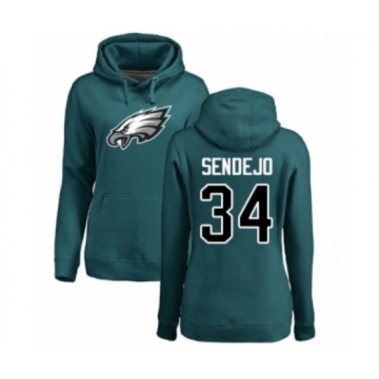 Women's Philadelphia Eagles #34 Andrew Sendejo Green Name & Number Logo Pullover Hoodie - Ujersey