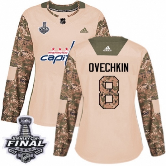 Women's Adidas Washington Capitals #8 Alex Ovechkin Authentic Camo Veterans Day Practice 2018 Stanley Cup Final NHL Jersey - Ujersey