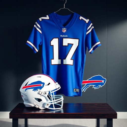 A classic royal blue Buffalo Bills jersey with the number 17 next to a white helmet with the blue charging buffalo logo.