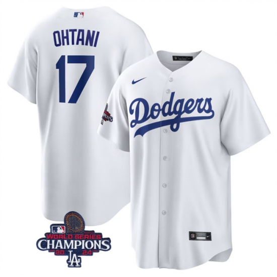 Men's Los Angeles Dodgers #17 Shohei Ohtani White 2024 World Series Champions Cool Base Stitched Baseball Jersey - Ujersey
