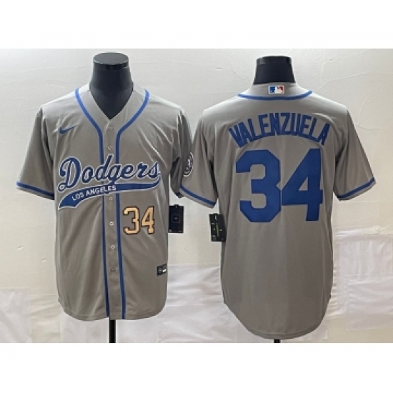 Men's Los Angeles Dodgers #34 Fernando Valenzuela Number Grey Cool Base Stitched Baseball Jersey - Ujersey