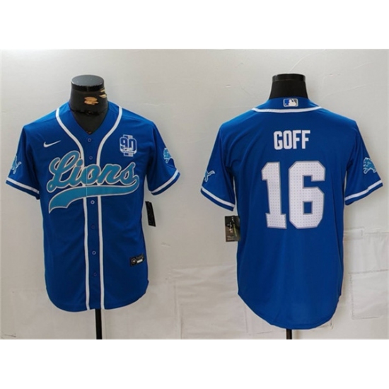 Men's Detroit Lions #16 Jared Goff Blue With 90th Anniversary Cool Base Stitched Baseball Jersey - ujerseystore