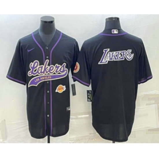 Men's Los Angeles Lakers Black Big Logo With Cool Base Stitched Baseball Jersey - Ujersey