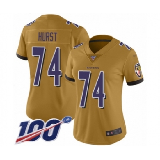 Women's Baltimore Ravens #74 James Hurst Limited Gold Inverted Legend 100th Season Football Jersey - Ujersey