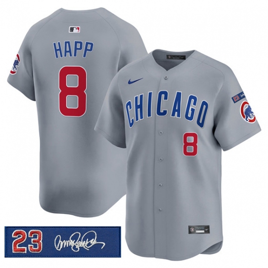 Men's Chicago Cubs #8 lan Happ Gray 'Ryne Sandberg Tribute' Vapor Limited V3 Stitched Baseball Jersey - Ujersey