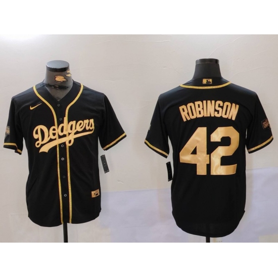 Men's Los Angeles Dodgers #42 Jackie Robinson Black Gold World Series Champions Cool Base Stitched Jersey - Ujersey