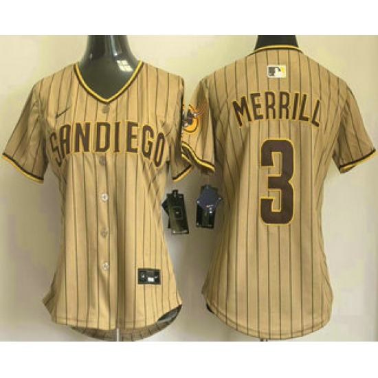 Women's San Diego Padres #3 Jackson Merrill Khaki Pinstripe Limited Stitched Jersey - Ujersey