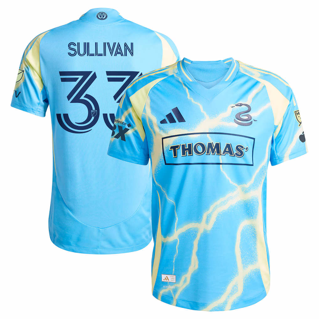 Men's Philadelphia Union Quinn Sullivan adidas Blue 2025 The Voltage Kit Authentic Player Jersey - ujerseystore