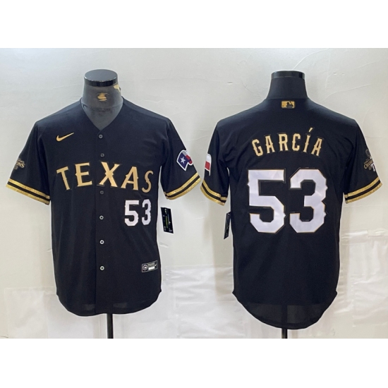 Men's Texas Rangers #53 Adolis Garcia Black Gold Cool Base Stitched Baseball Jersey - Ujersey