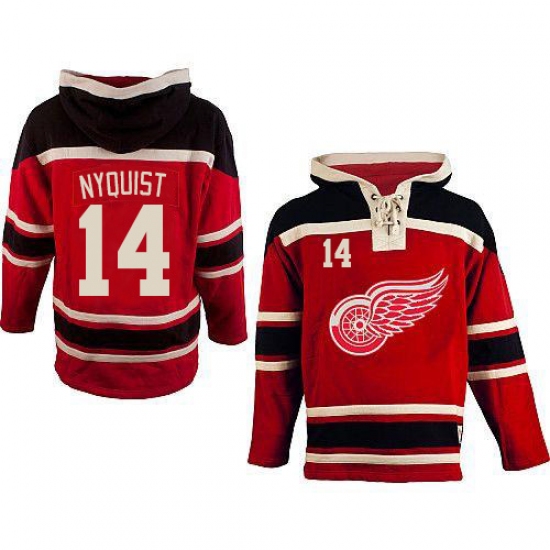 Men's Old Time Hockey Detroit Red Wings #14 Gustav Nyquist Premier Red Sawyer Hooded Sweatshirt NHL Jersey - Ujersey