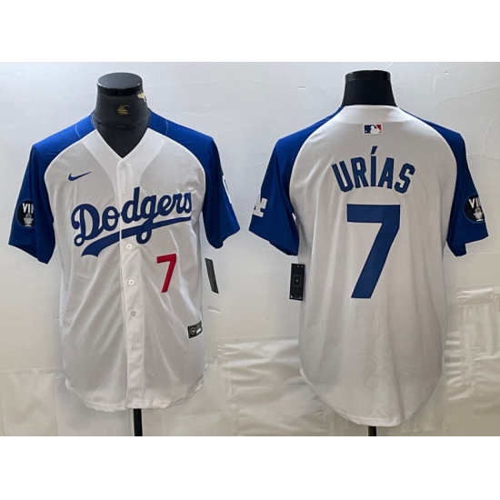 Mens Los Angeles Dodgers #7 Julio Urias Number White Blue Fashion Stitched Cool Base Limited Jersey - Ujersey