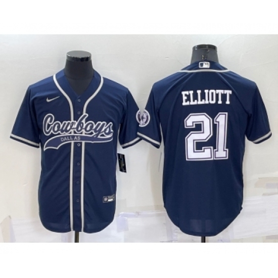 Men's Dallas Cowboys #21 Ezekiel Elliott Navy Blue Stitched Cool Base Nike Baseball Jersey - Ujersey