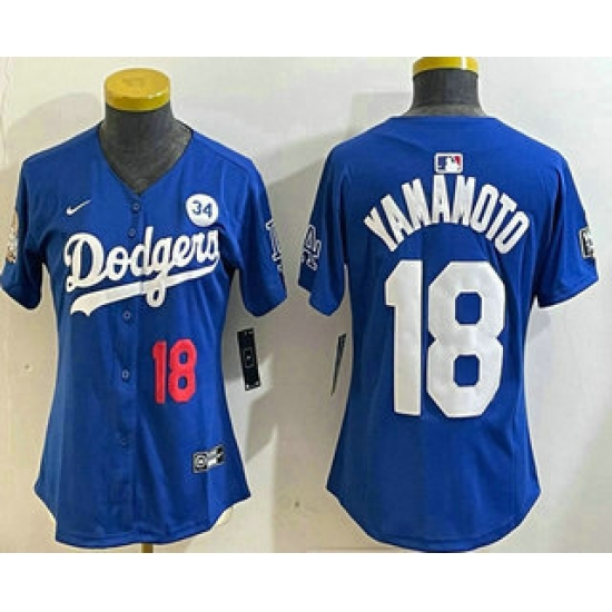 Women's Los Angeles Dodgers #18 Yoshinobu Yamamoto Number Blue 2024 World Series With Fernando 34 Fashion Limited Stitched Jerseys - Ujersey