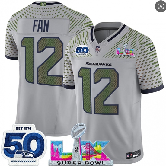 Men's Seattle Seahawks #12 Fan Gray 2025 F.U.S.E. Super Bowl LX And 50th Season“Rivalries” Vapor Limited Football Stitched Jersey - Ujersey