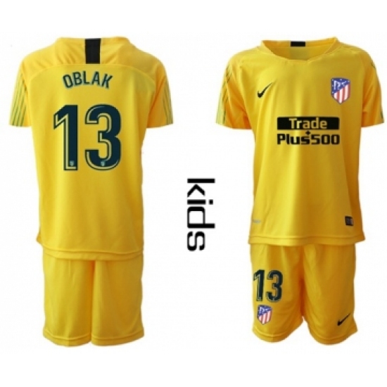 Atletico Madrid #13 Oblak Yellow Goalkeeper Kid Soccer Club Jersey