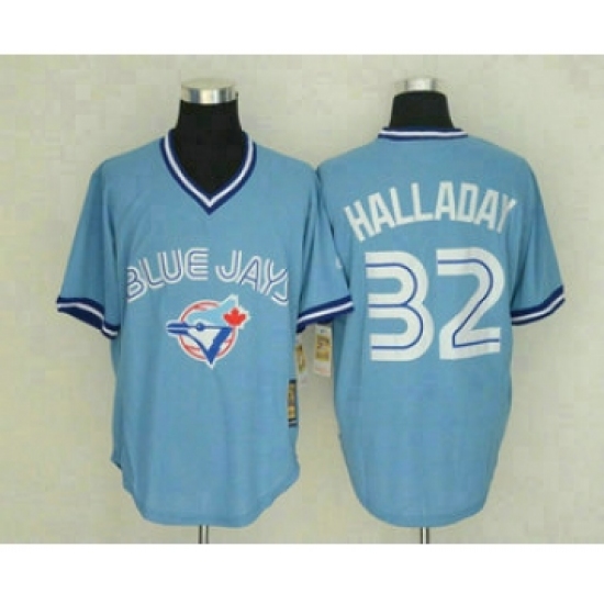 Men's Toronto Blue Jays #32 Roy Halladay Light Blue Pullover Stitched MLB Throwback Jersey By Mitchell & Ness - Ujersey