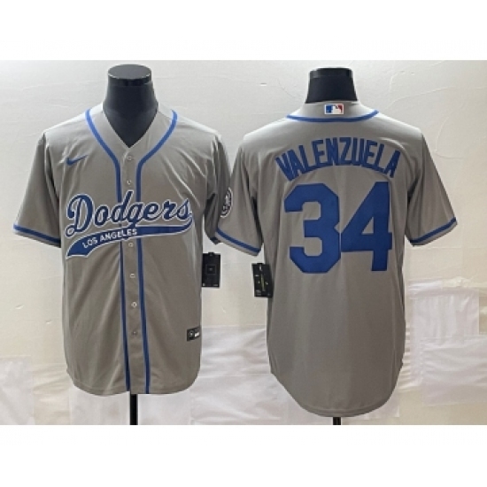 Men's Los Angeles Dodgers #34 Fernando Valenzuela Grey Cool Base Stitched Baseball Jersey1 - Ujersey