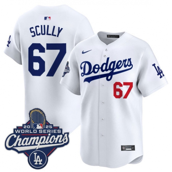 Men's Los Angeles Dodgers #67 Vin Scully White 2025 Champions Stitched Baseball Jersey - Ujersey