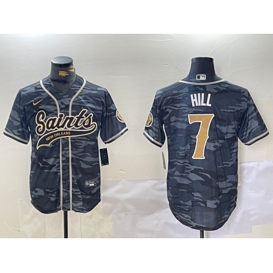 Men's New Orleans Saints #7 Taysom Hill Grey Camo With Cool Base Stitched Baseball Jersey - Ujersey