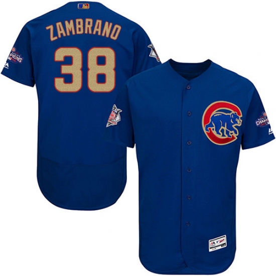 Men's Majestic Chicago Cubs #38 Carlos Zambrano Authentic Royal Blue 2017 Gold Champion Flex Base MLB Jersey - Ujersey