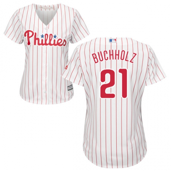 Women's Majestic Philadelphia Phillies #21 Clay Buchholz Replica White/Red Strip Home Cool Base MLB Jersey - Ujersey