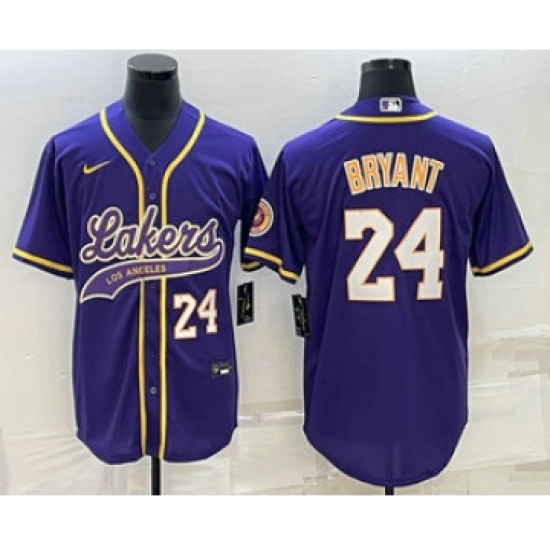 Men's Los Angeles Lakers #24 Kobe Bryant Number Purple With Cool Base Stitched Baseball Jersey - Ujersey