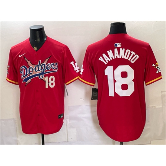 Men's Los Angeles Dodgers x One Piece #18 Yoshinobu Yamamoto Red Vapor Premier Limited Stitched Baseball Jersey - Ujersey
